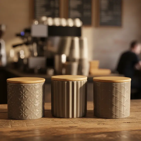 Canister Set - 3-Piece Grey Ceramic Embossed Bamboo Lid Kitchen Storage Jars Kitchen & Dining Food Storage Containers