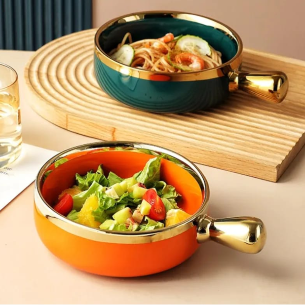 Porcelain Snack Bowl With Gold Handle And Rim 16cm Green Orange Kitchen & Dining Bowls