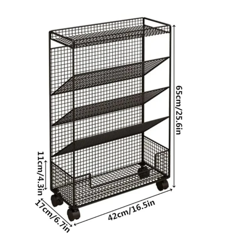 Wire Mesh Rolling Bookshelf 4-Tier with Wheels White Black 42x17x65cm Office Furniture Rack Bookcases & Shelves