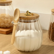 Storage Jar - Ribbed Glass 700ml with Bamboo Lid Gold Handle and Spoon Clear Kitchen & Dining Food Storage Containers