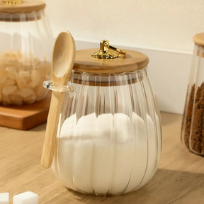 Storage Jar - Ribbed Glass 700ml with Bamboo Lid Gold Handle and Spoon Clear Kitchen & Dining Food Storage Containers