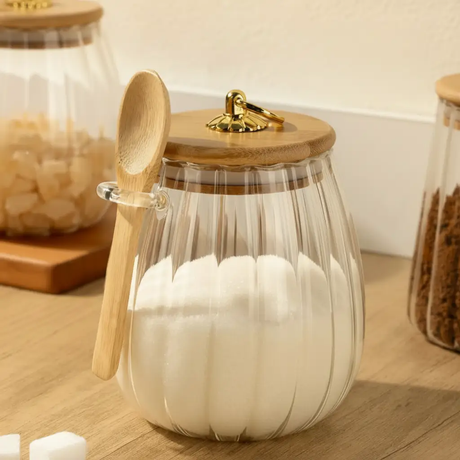Storage Jar - Ribbed Glass 700ml with Bamboo Lid Gold Handle and Spoon Clear Kitchen & Dining Food Storage Containers