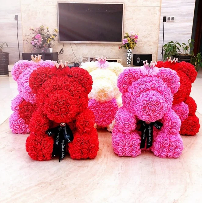 Artificial Flower Rose Bear Universal Festival Gift Decoration with Ribbon 40cm Home & Garden Artificial Flowering Plants