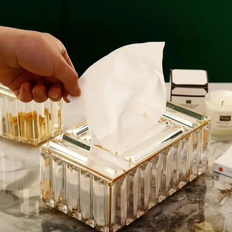 Tissue Box Holder - Luxury Crystal Acrylic Gold Trim Rectangular Serviette Dispenser Home Decor Facial Tissue Holders