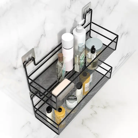 Large Black Mesh Wall Shelf Self-Adhesive No-Drill 36x15x15cm Bathroom Kitchen Home & Garden Wall-Mounted Caddies