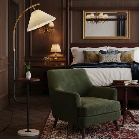 Elegant Arc Floor Lamp with Built-In Side Table and Pleated Shade Home & Garden Floor Lamps