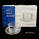 Delisoga Ribbed Glass Cup & Saucer Gold Rim 200ml Clear Crystal Kitchen & Dining Tea Sets