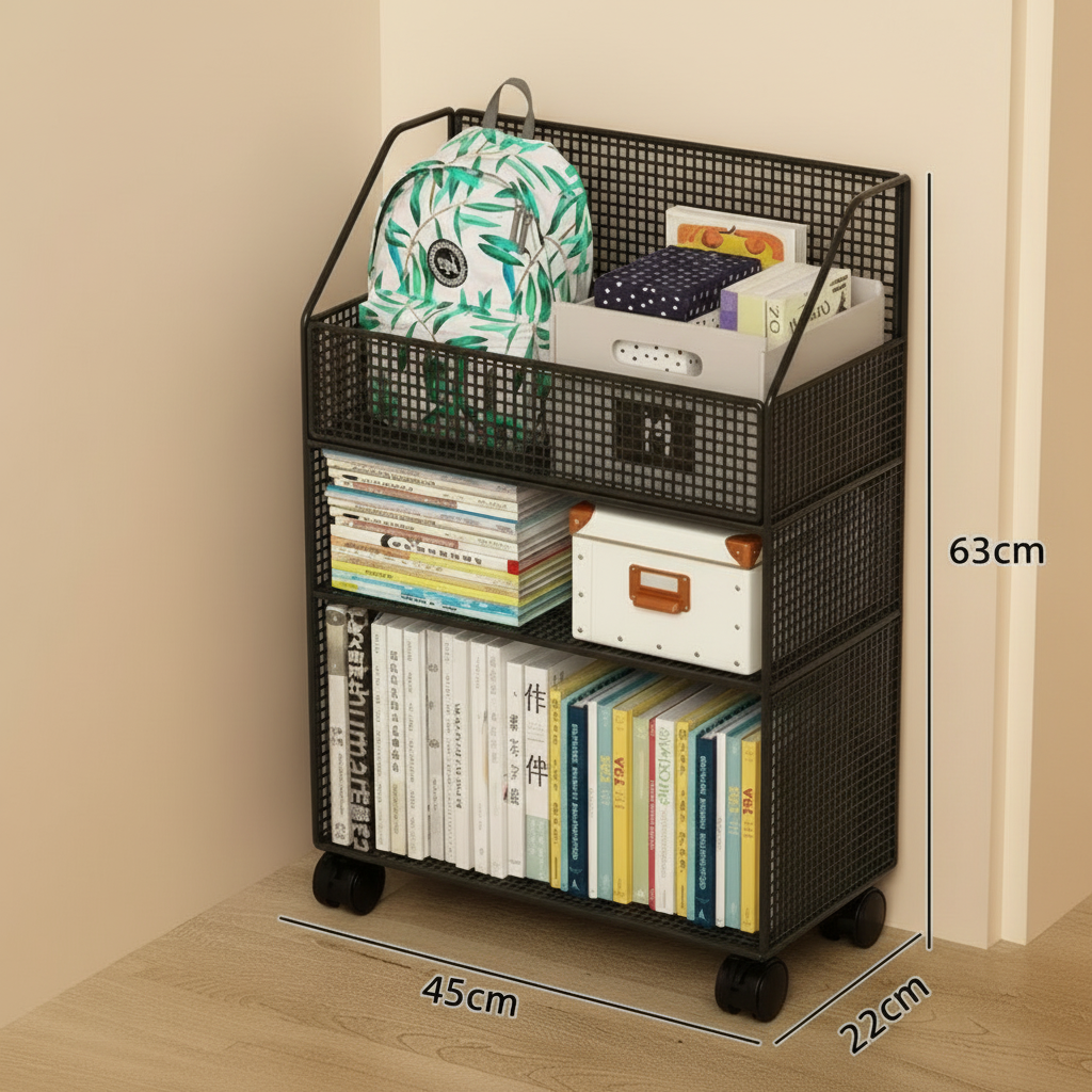 3-Tier Wire Mesh Rolling Bookshelf Top Basket Wheels Black White 45x22x63cm Office Furniture Rack Bookcases & Shelves