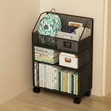 3-Tier Wire Mesh Rolling Bookshelf Top Basket Wheels Black White 45x22x63cm Office Furniture Rack Bookcases & Shelves