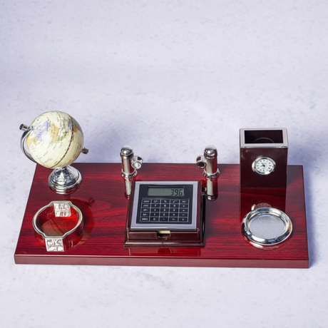 Desk Organizer - Executive Mahogany Silver 5-in-1 Set with Globe Clock Pen Holder Calculator and Coin Tray Home & Garden Desktop Organizers