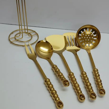 Serving Spoon Set - 6-in-1 Gold Plated Bubble Handle Kitchen Utensils with Stand Kitchen & Dining Kitchen Utensil Sets