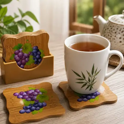 Coaster Set - Bamboo Scallop Edge Grape Print with Holder 6-Piece Natural Kitchen & Dining Coasters