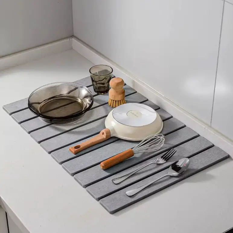 Dish Drying Mat - 60x40cm Fast Drying Diatomite Stone Slatted Kitchen Counter and Bath Mat Grey White Kitchen & Dining Dish Drying Mats