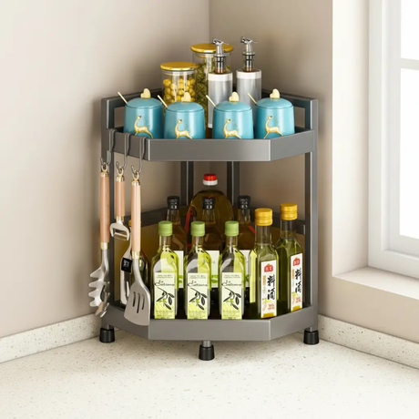 2-Tier Grey Metal Corner Spice Rack Utensil S-Hooks 40x25x32cm Kitchen Countertop Organiser Kitchen & Dining Spice Organizers