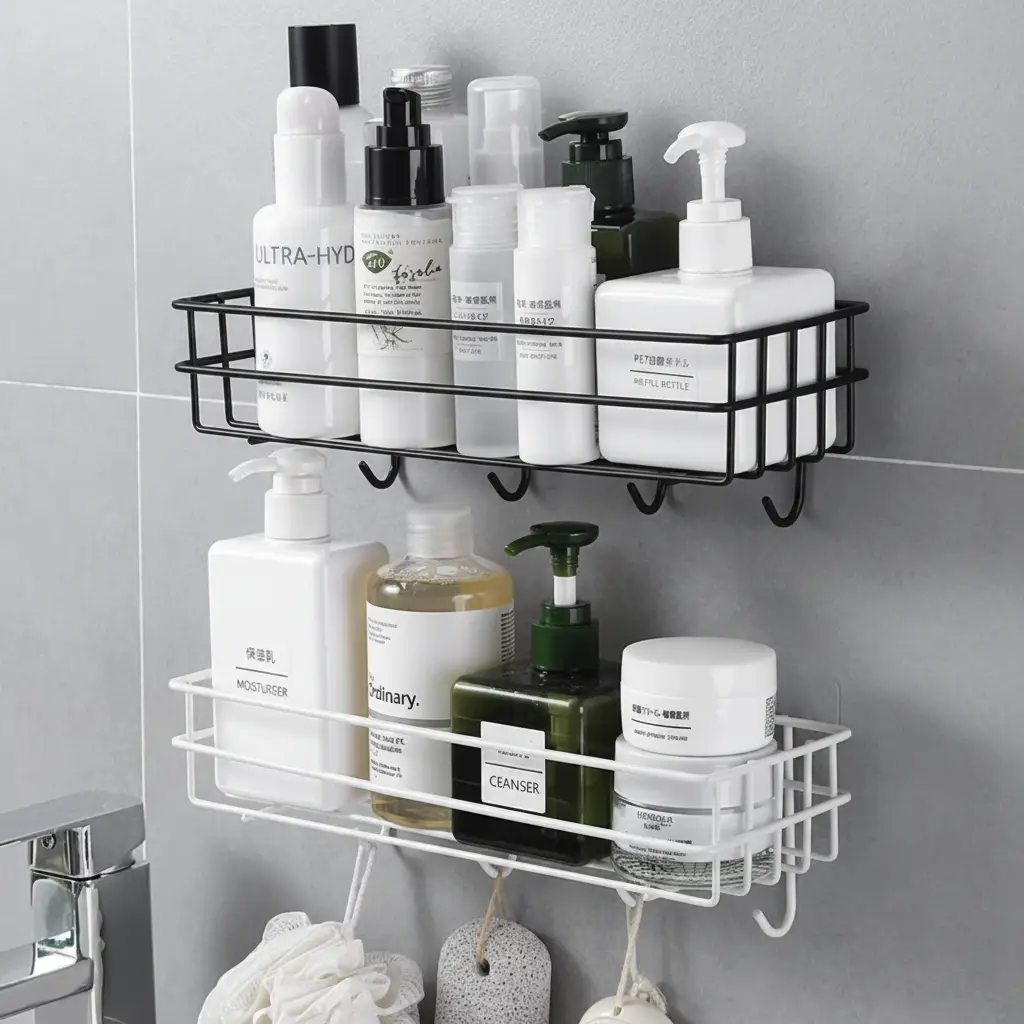 Storage Caddy - Wall Mounted Wire Rack with Hooks Black White Home & Garden Household Storage Caddies