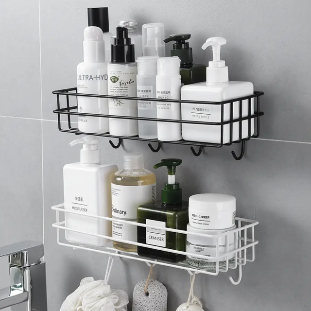 Storage Caddy - Wall Mounted Wire Rack with Hooks Black White Home & Garden Household Storage Caddies