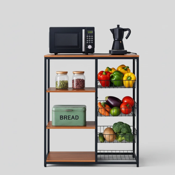 Asymmetric Kitchen Storage Rack Shelf Unit 90x30x122cm Wood Metal 3 Wire Baskets Microwave Baker's Rack Home & Garden Open Shelves