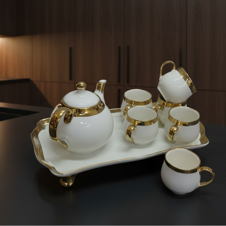 Tea Set - Nordic Ceramic with Gold Trim 1.3L Kettle & 4 Cups Kitchen & Dining Tea Sets
