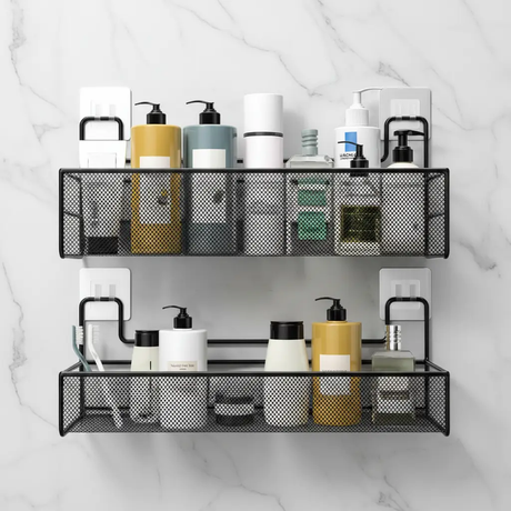 Large Black Mesh Wall Shelf Self-Adhesive No-Drill 36x15x15cm Bathroom Kitchen Home & Garden Wall-Mounted Caddies