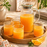 Glass Serving Set - 5-Piece Ribbed Glass Pitcher with Lid and 4 Cups Clear Kitchen & Dining Serving Pitchers & Carafes