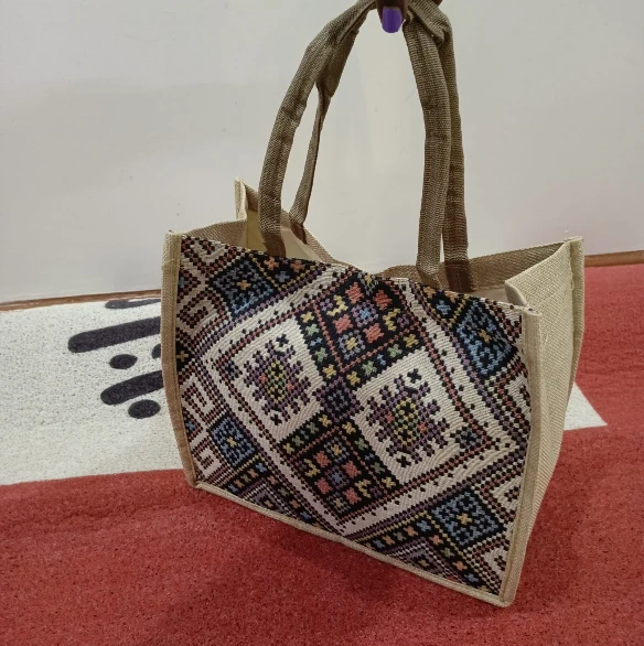 Geometric Print Pattern Tote Bag Jute Canvas Smart Casual 34x17x28cm Bags & Accessories Tote Bags