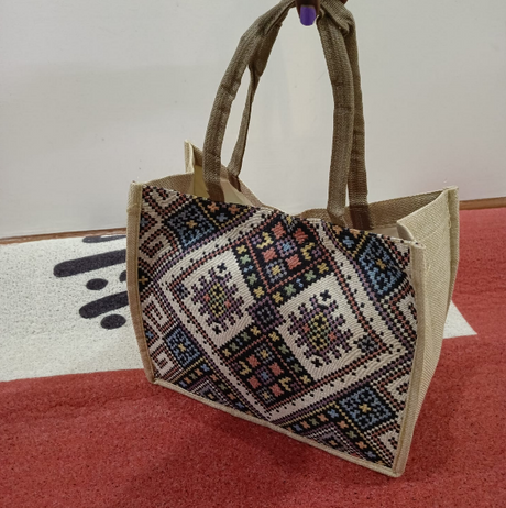 Geometric Print Pattern Tote Bag Jute Canvas Smart Casual 34x17x28cm
