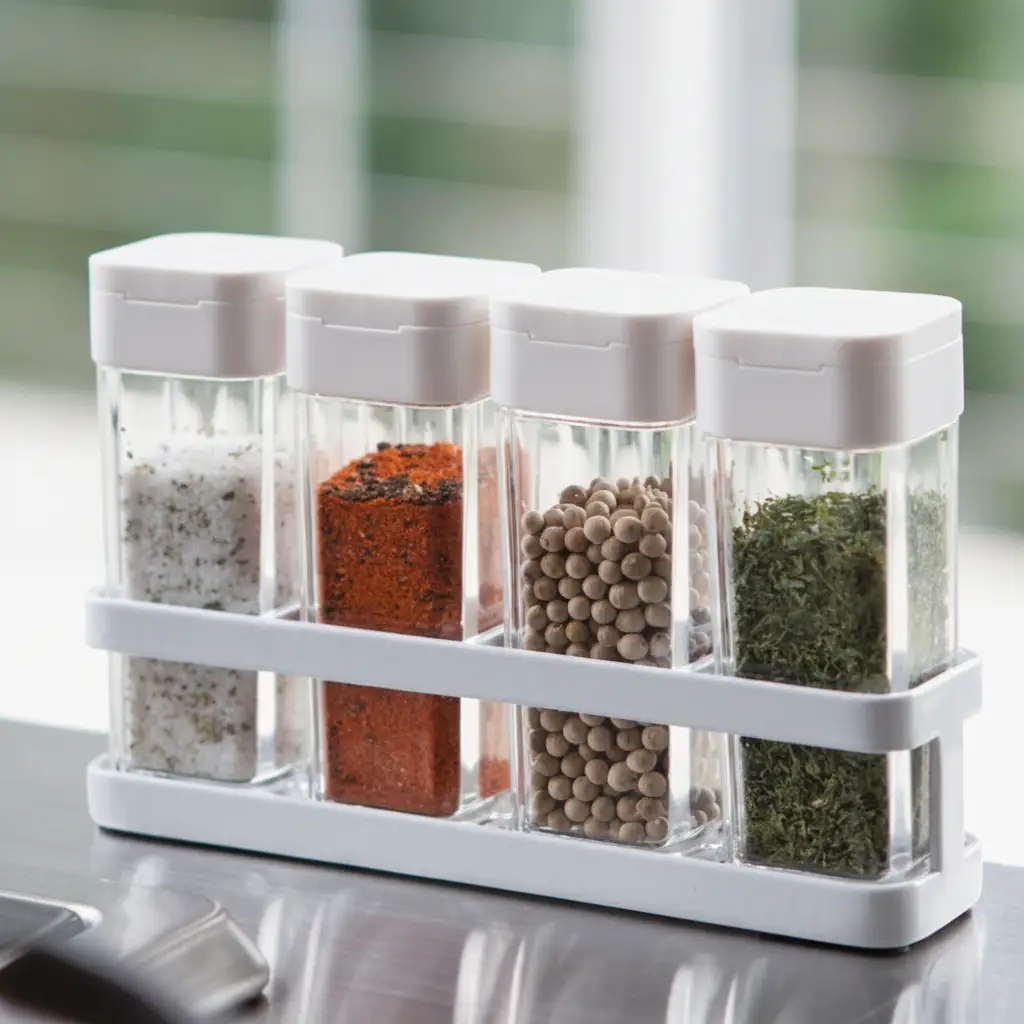 Spice Bottles - Press-Type Seasoning Set with Rack ABS PP White Black Kitchen & Dining Spice Organizers