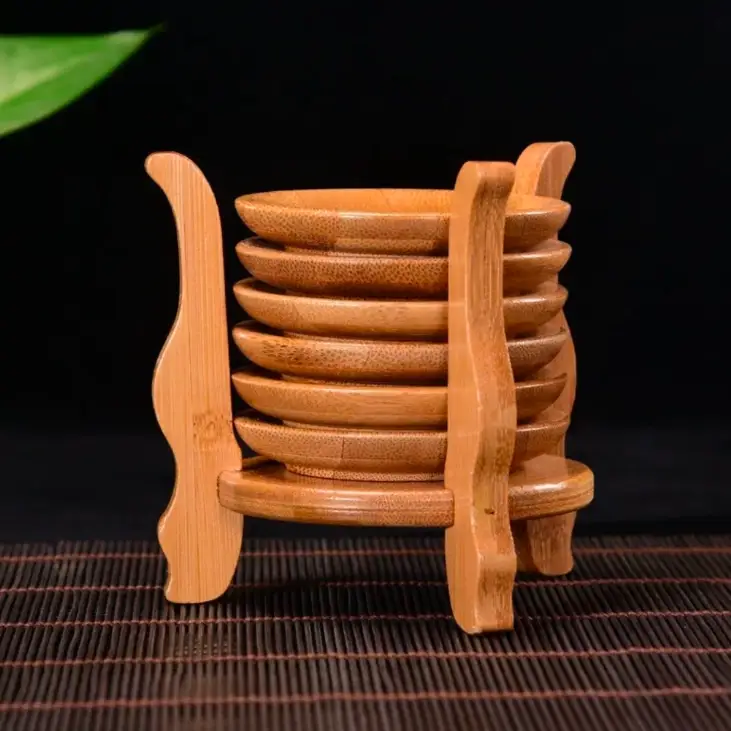 Coaster Set - 6-Piece Round Bamboo Saucer with 6-Claw Holder Stand Natural Kitchen & Dining Coasters