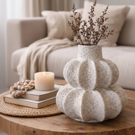 Stone Petal Vase 26x20cm Speckled White Double Tier Ceramic Home & Garden Vases