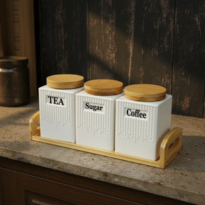 Tea Coffee Sugar Canister Set with Bamboo Lids and Tray Kitchen & Dining Food Storage Containers