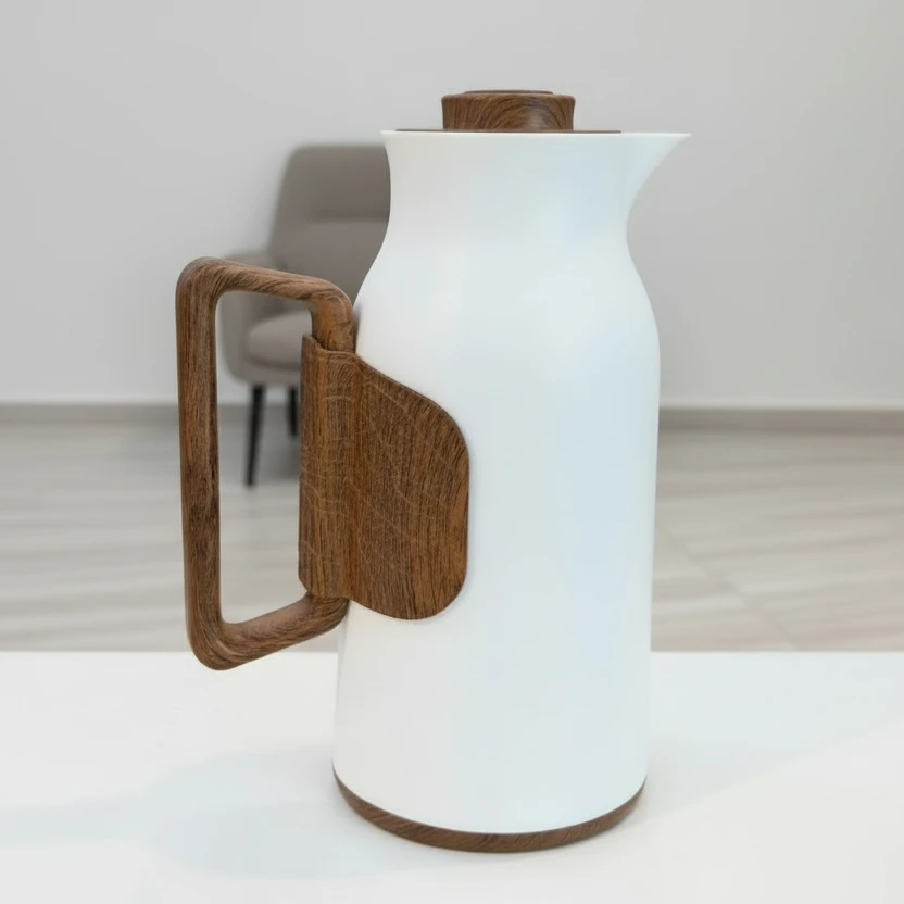 1L Vacuum Flask with Wood Handle White Elegant Thermal Carafe Kitchen & Dining Thermoses