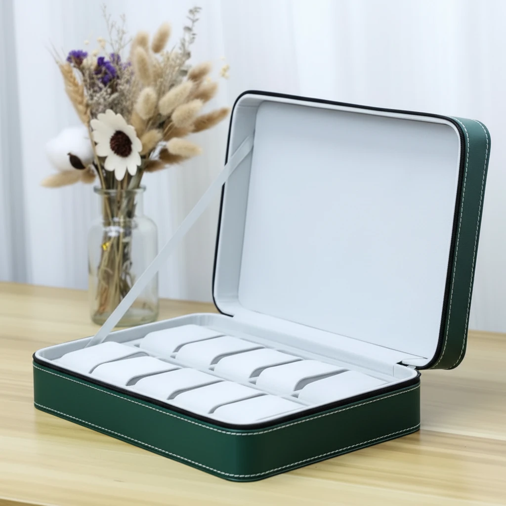 10-Slot Watch Storage Box Green PU Leather with Zipper Case Bags & Accessories Watch Accessories