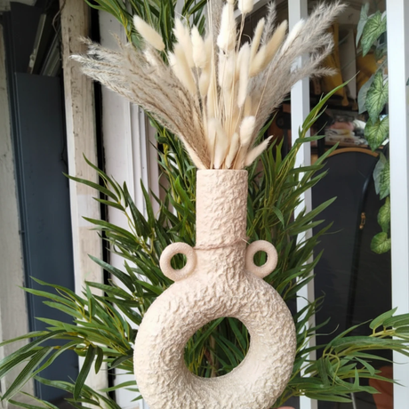 2-in-1 Ceramic Vase with Circle Handles Textured White Beige Home & Garden Uncategorized