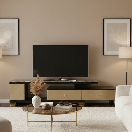 Marble-Top TV Stand with Gold Cabinet Entertainment Centers & TV Stands
