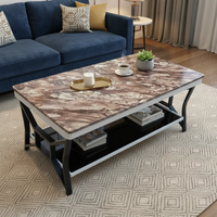 Coffee Table - LSC071 Marble Effect Top 2-Tier with Curved Black Legs Brown Rose Furniture Coffee Tables