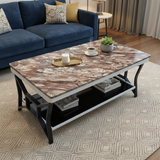 Coffee Table - LSC071 Marble Effect Top 2-Tier with Curved Black Legs Brown Rose Furniture Coffee Tables