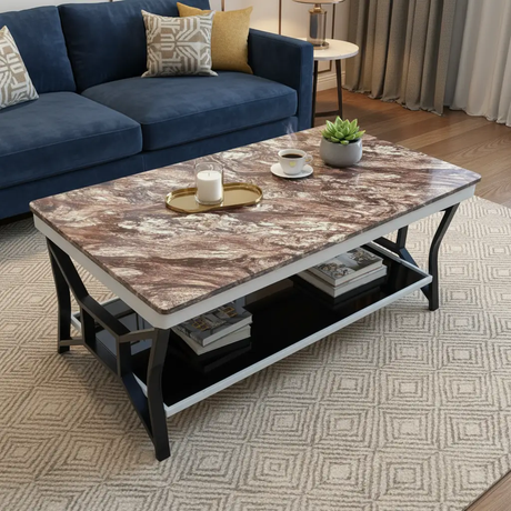 Coffee Table - LSC071 Marble Effect Top 2-Tier with Curved Black Legs Brown Rose Furniture Coffee Tables
