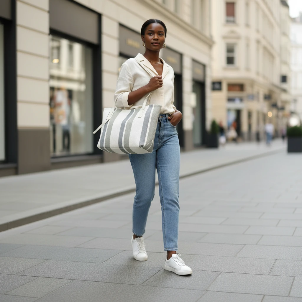 Elena Striped Linen Tote Bag 34x28.5x13.5cm Smart Casual Shoulder Bag Cream Grey Bags & Accessories Tote Bags