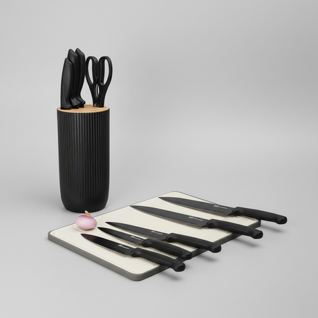 7-Piece Knife Set Top Chef Modern Black with Ribbed Block Stand