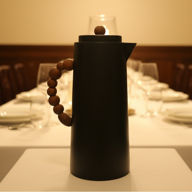 Elegant Vacuum Flask Wooden Beaded Handle 1L Matte Black Stainless Steel Kitchen & Dining Thermoses