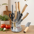 Knife Set - 9-Piece Stainless Steel Wood Handle with 360 Rotating Acrylic Stand Kitchen & Dining Knife Sets