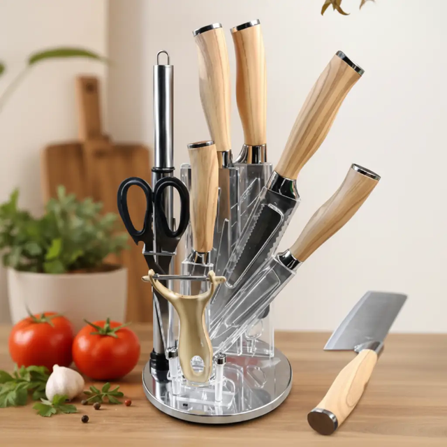 Knife Set - 9-Piece Stainless Steel Wood Handle with 360 Rotating Acrylic Stand Kitchen & Dining Knife Sets