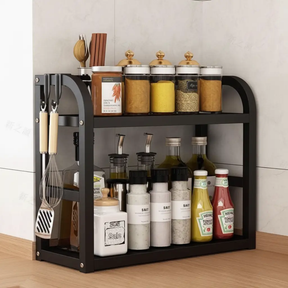 Kitchen Rack - 2-Tier Bamboo and Stainless Steel Spice and Condiment Organiser Black Kitchen & Dining Kitchen Cabinet Organizers