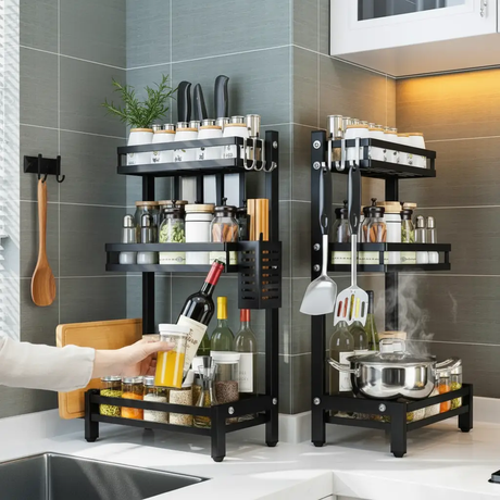 3-Tier Matte Black Steel Spice Rack Knife Block Chopstick Holder Utensil Hooks Freestanding Kitchen & Dining Kitchen Organizers