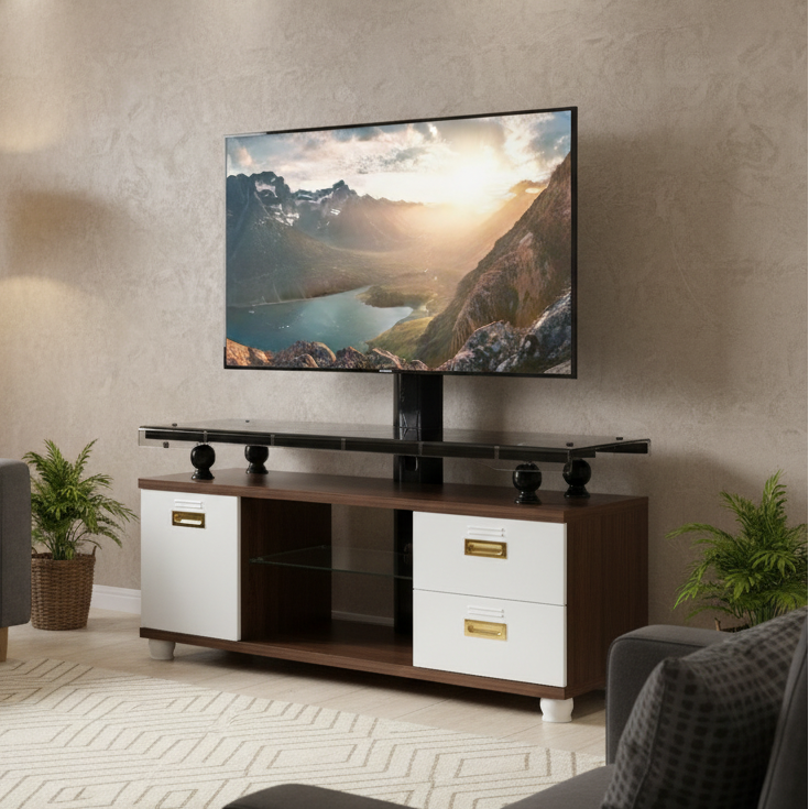 Glass-Top TV Stand with Bracket & Drawers Entertainment Centers & TV Stands