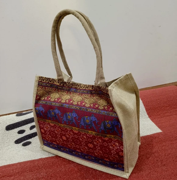 Geometric Print Pattern Tote Bag Jute Canvas Smart Casual 34x17x28cm Bags & Accessories Tote Bags