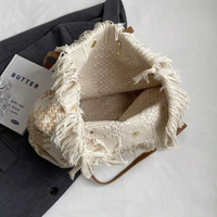 Summer Tassel Fringe Canvas Tote Bag Large Shoulder Bag Tan Leather Handles Cream Natural Bags & Accessories Beach Bags
