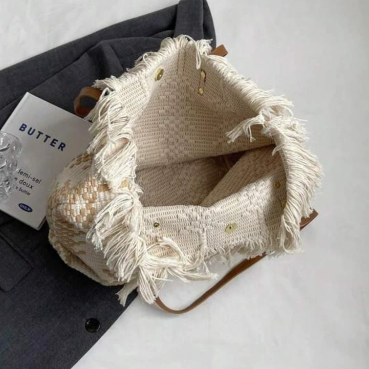 Summer Tassel Fringe Canvas Tote Bag Large Shoulder Bag Tan Leather Handles Cream Natural Bags & Accessories Beach Bags