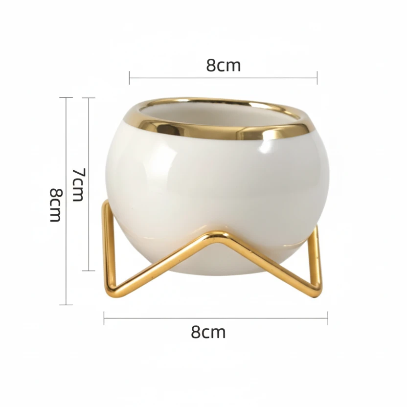 Nordic Ceramic Gold Rim Succulent Pot with Gold Stand White Green 8x7cm Home & Garden Planters