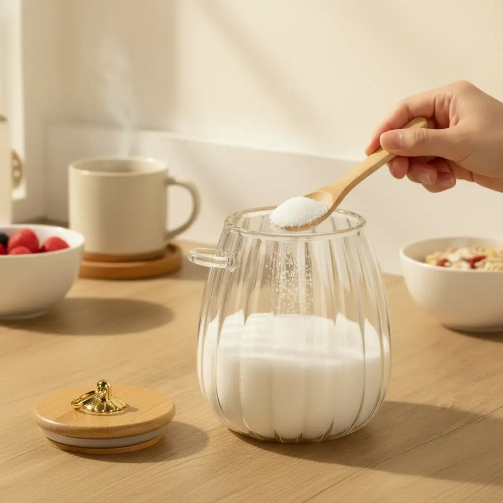 Storage Jar - Ribbed Glass 700ml with Bamboo Lid Gold Handle and Spoon Clear Kitchen & Dining Food Storage Containers